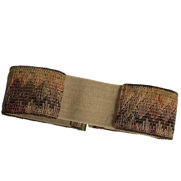 Vintage J Crew Woven Multicolor Stretch Cinch Belt Small Brass Clasp Boho - Picture 7 of 8